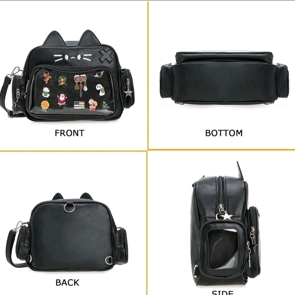 Kawaii Ita Cat Crossbody Shoulder Bag with Multi-Purpose Pin Display - Picture 5 of 6